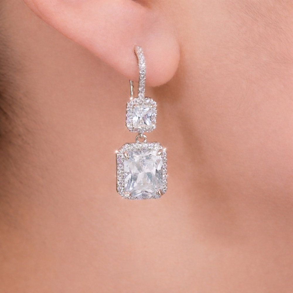 Beautiful Crystal Princess Cut Drop Earrings